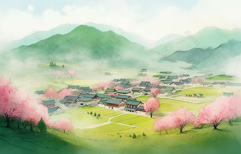 乡村房屋山脉树木水墨风景画,插画/手绘图,插画/手绘图库,插画/手绘图下载,插画/手绘